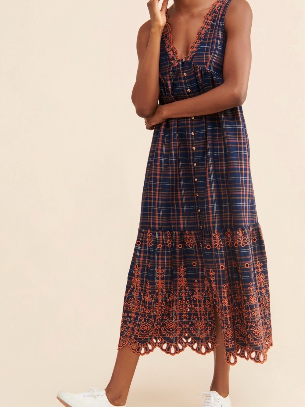 BRAND NEW Anthropologie Eyelet Plaid Midi Belted Midi Dress Size L